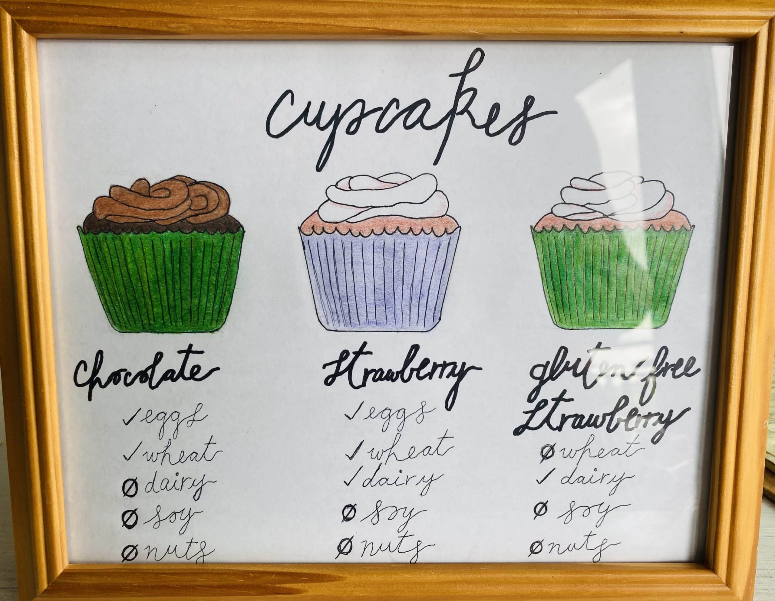 A hand written menu of cupcake flavors and ingredients in a wooden frame.