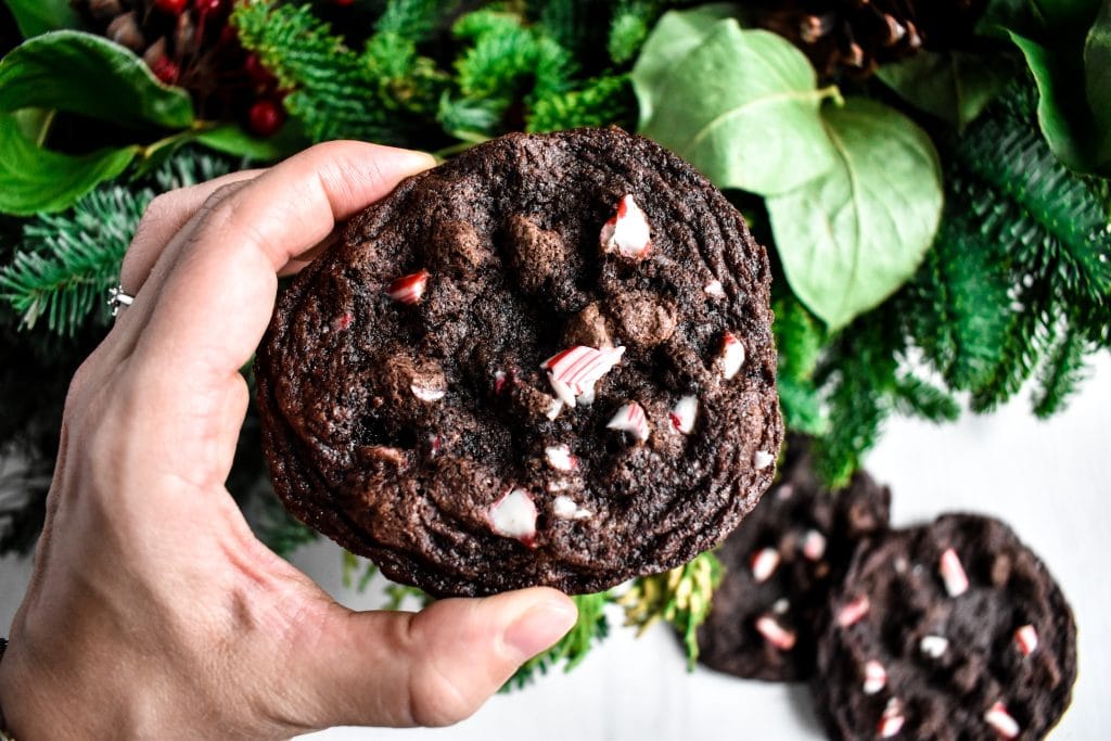 a hand holding a chunky double chocolate peppermint cookie