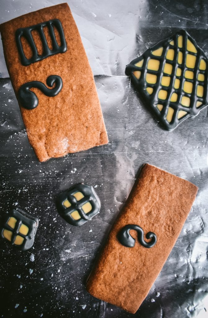 homemade gingerbread doors and windows for a Harry Potter gingerbread house