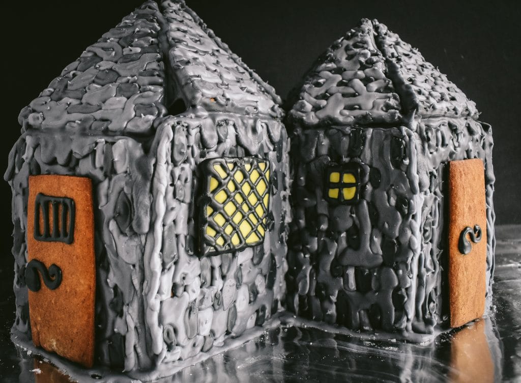 Harry Potter Christmas themed gingerbread house of Hagrid's Hut
