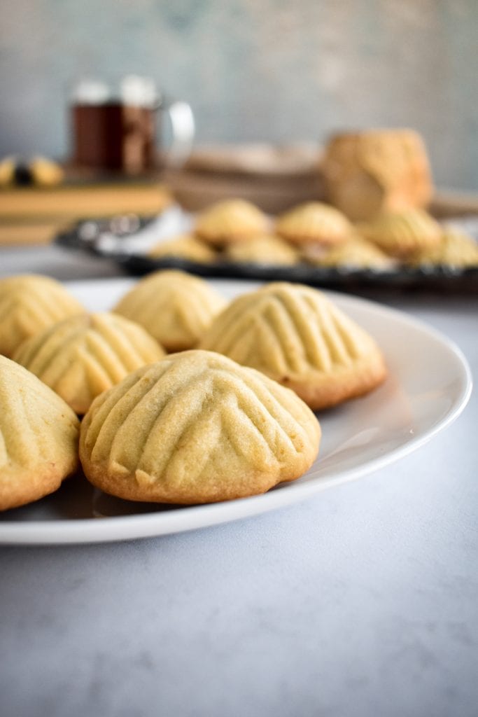 close up of Maamoul (Mamool) - Date Cookies on a white plate