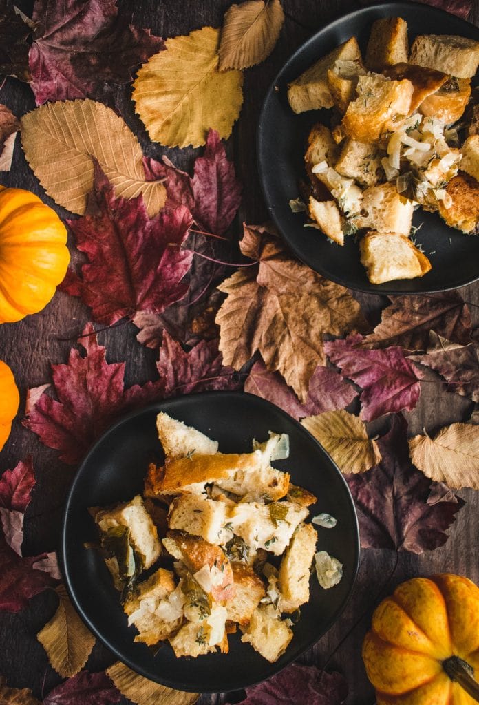 Sourdough Stuffing on two black plates