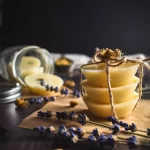 Three yellow lotion bars tied with twine next to dried lavender sprigs on a table.