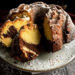 Two slices of a German marble Bundt cake on their sides.