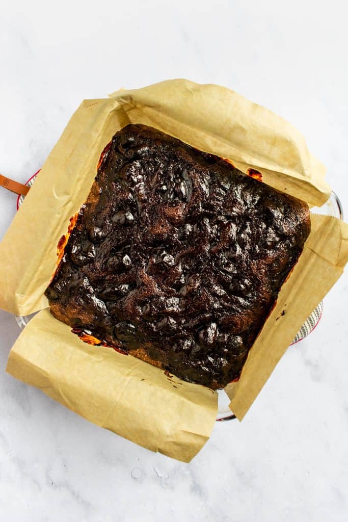 Baked Black Forest brownies in a baking pan.