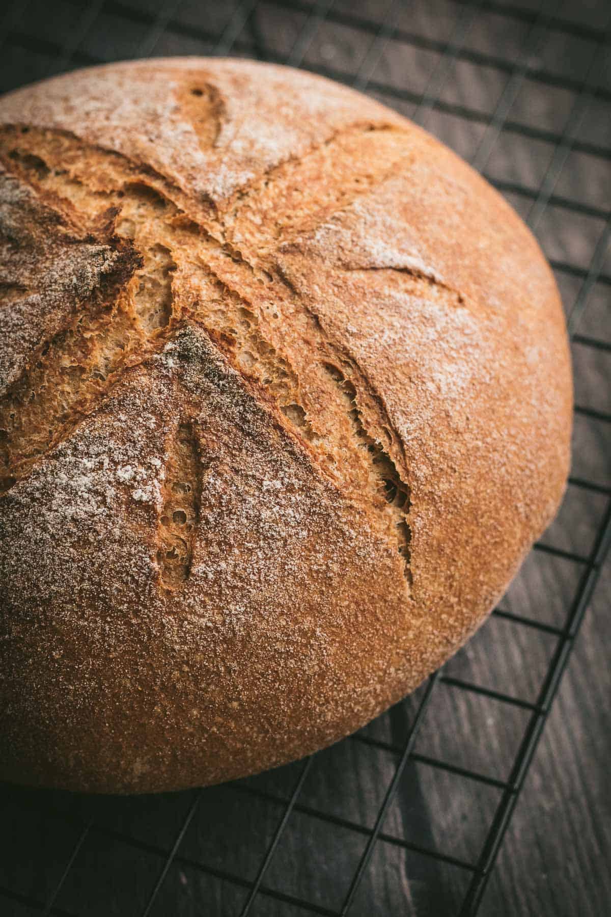 A baked loaf of whole wheat bread on a wire cooling rack.