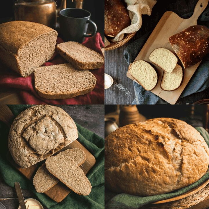 A collage of four photos of hearty artisan bread loaves.