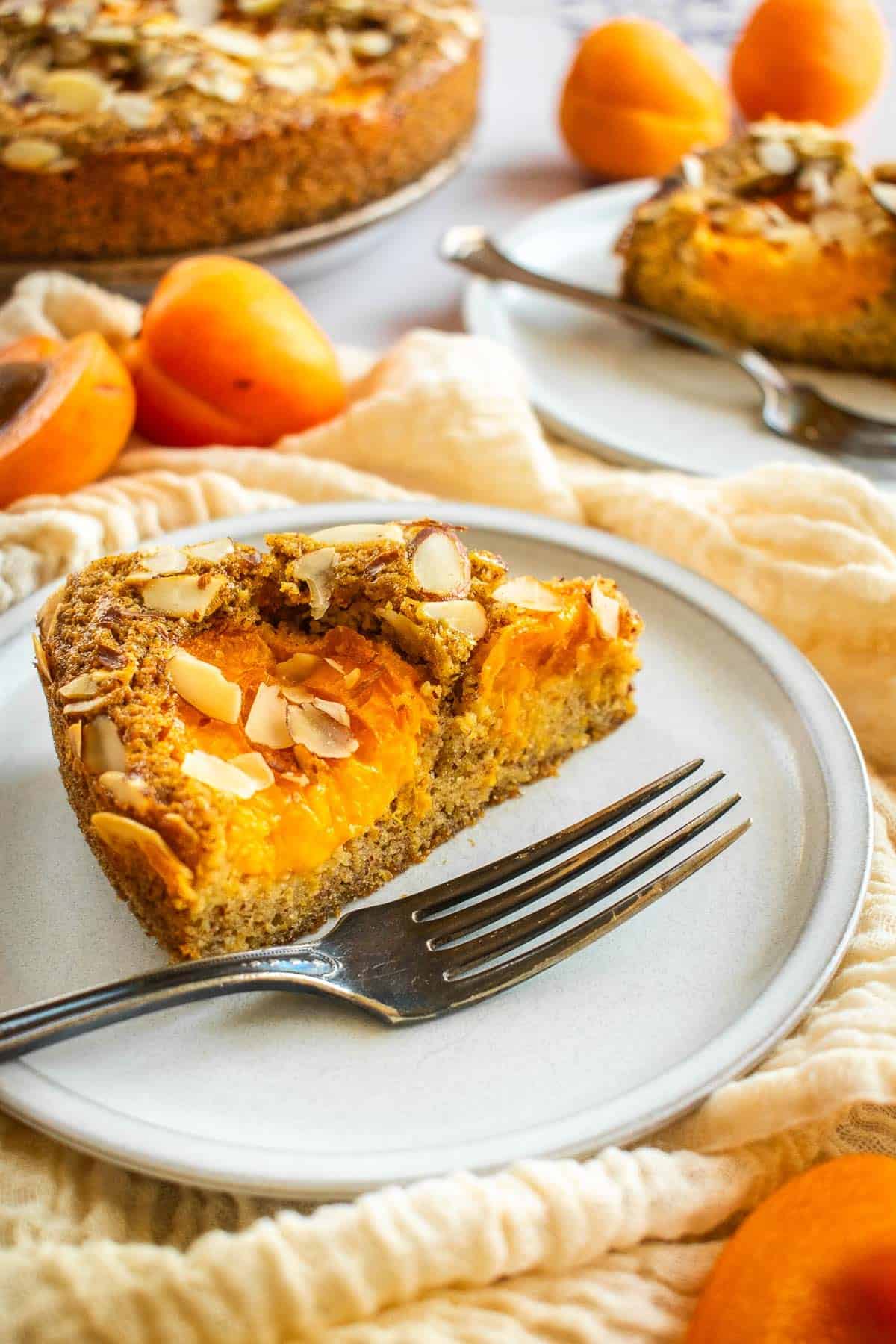 A slice of cake on a plate topped with halved apricots and sliced almonds.