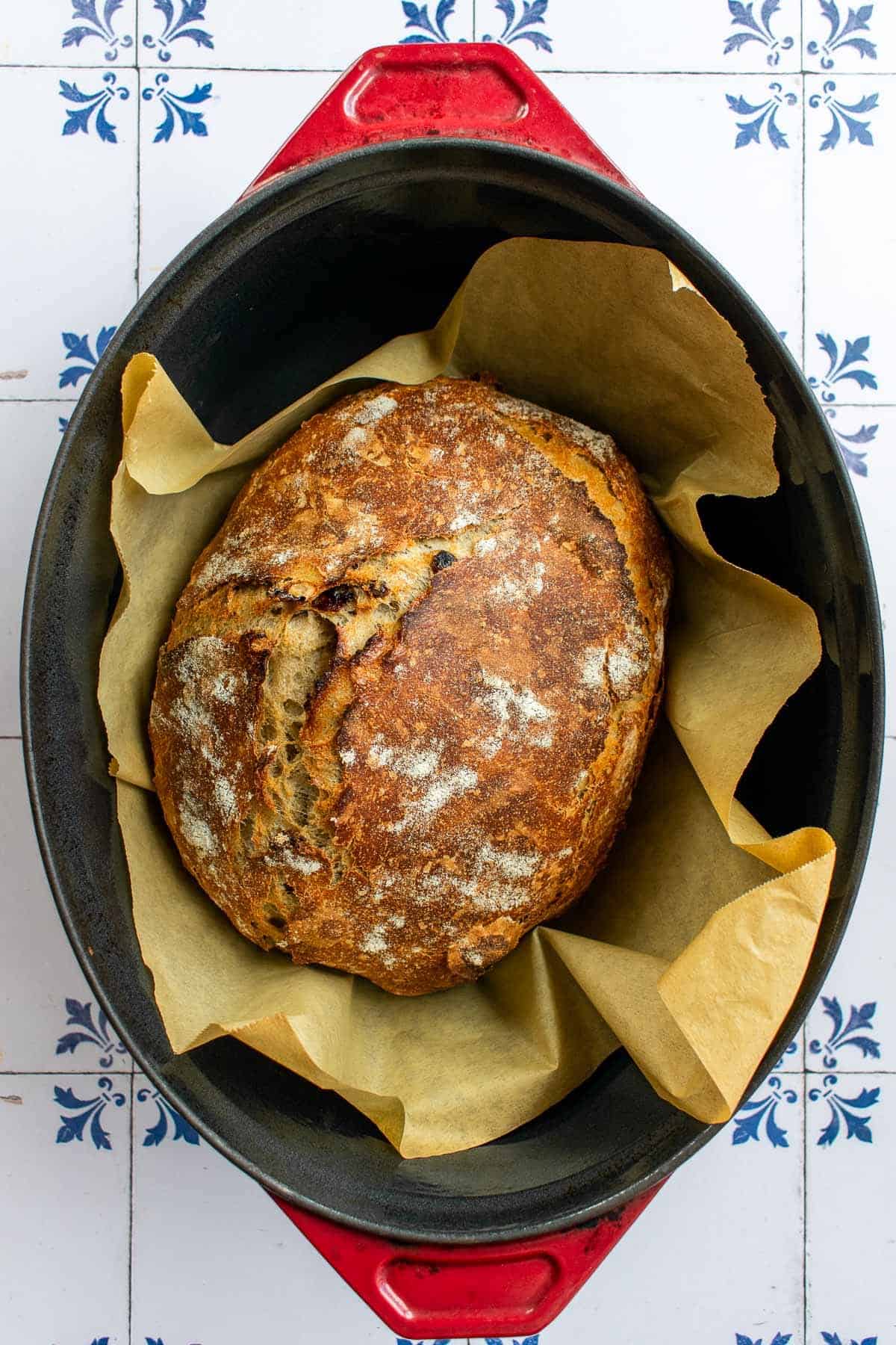 A baked loaf of raisin bread dough in a Dutch oven.