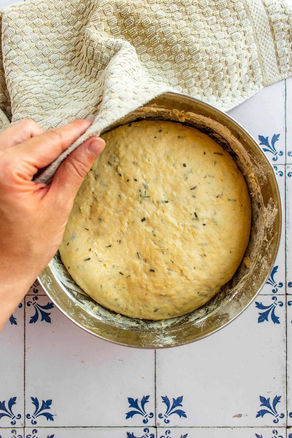 A large ball of risen bread dough in a mixing bowl.