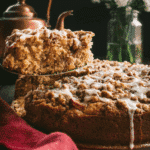 A slice of glazed coffee cake being lifted up by a metal cake server.