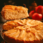 A slice of cake on a metal server over a cake topped with apples.