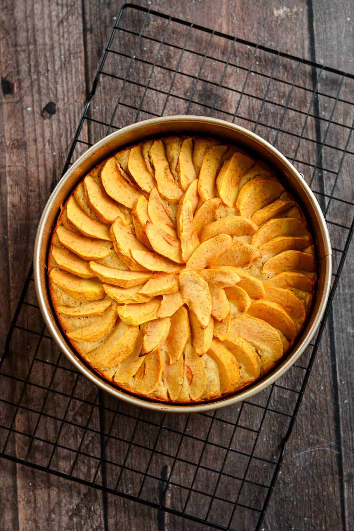 An apple cake in a cake pan on a cooling rack.