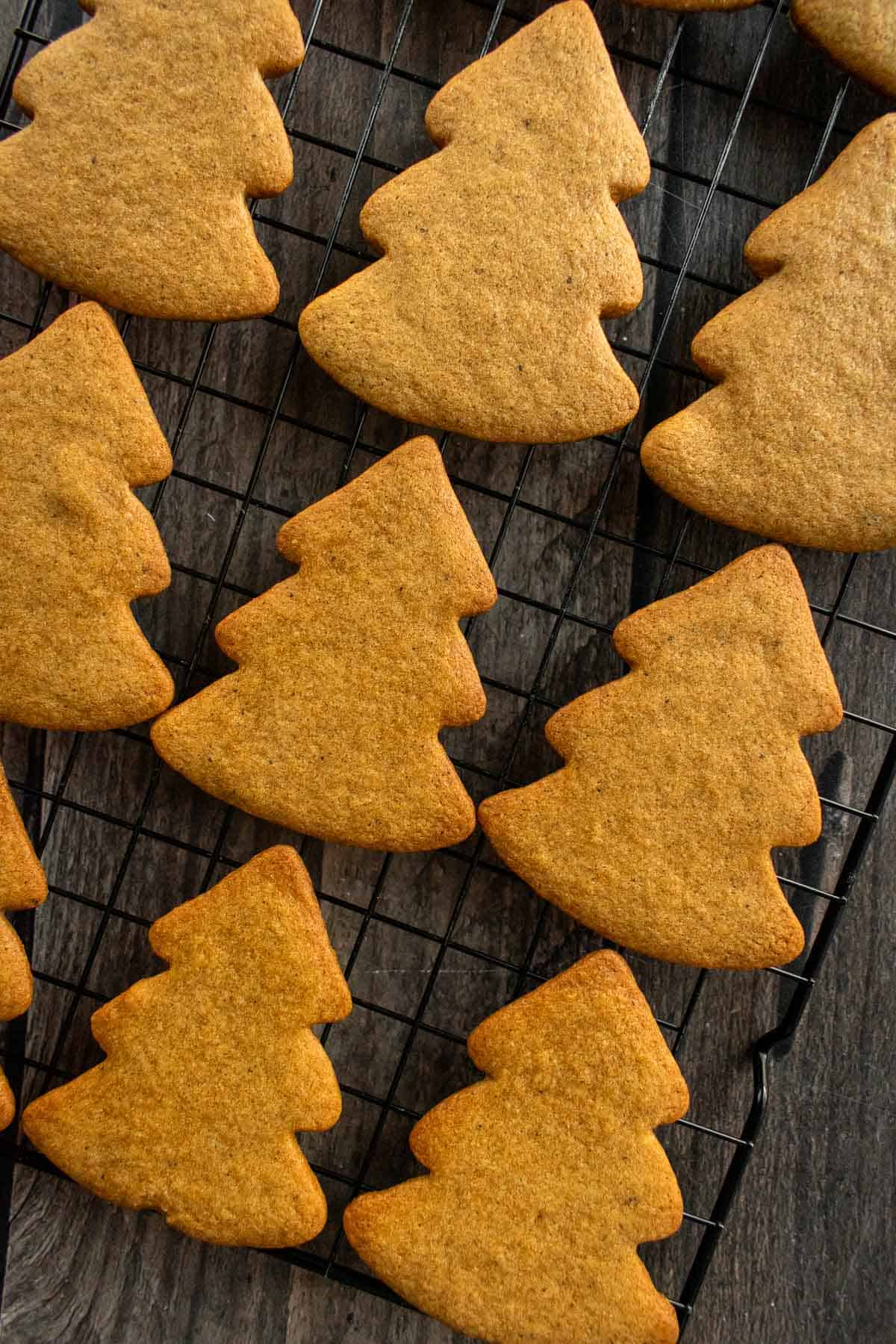 Baked tree-shaped cookies on a cooling rack.
