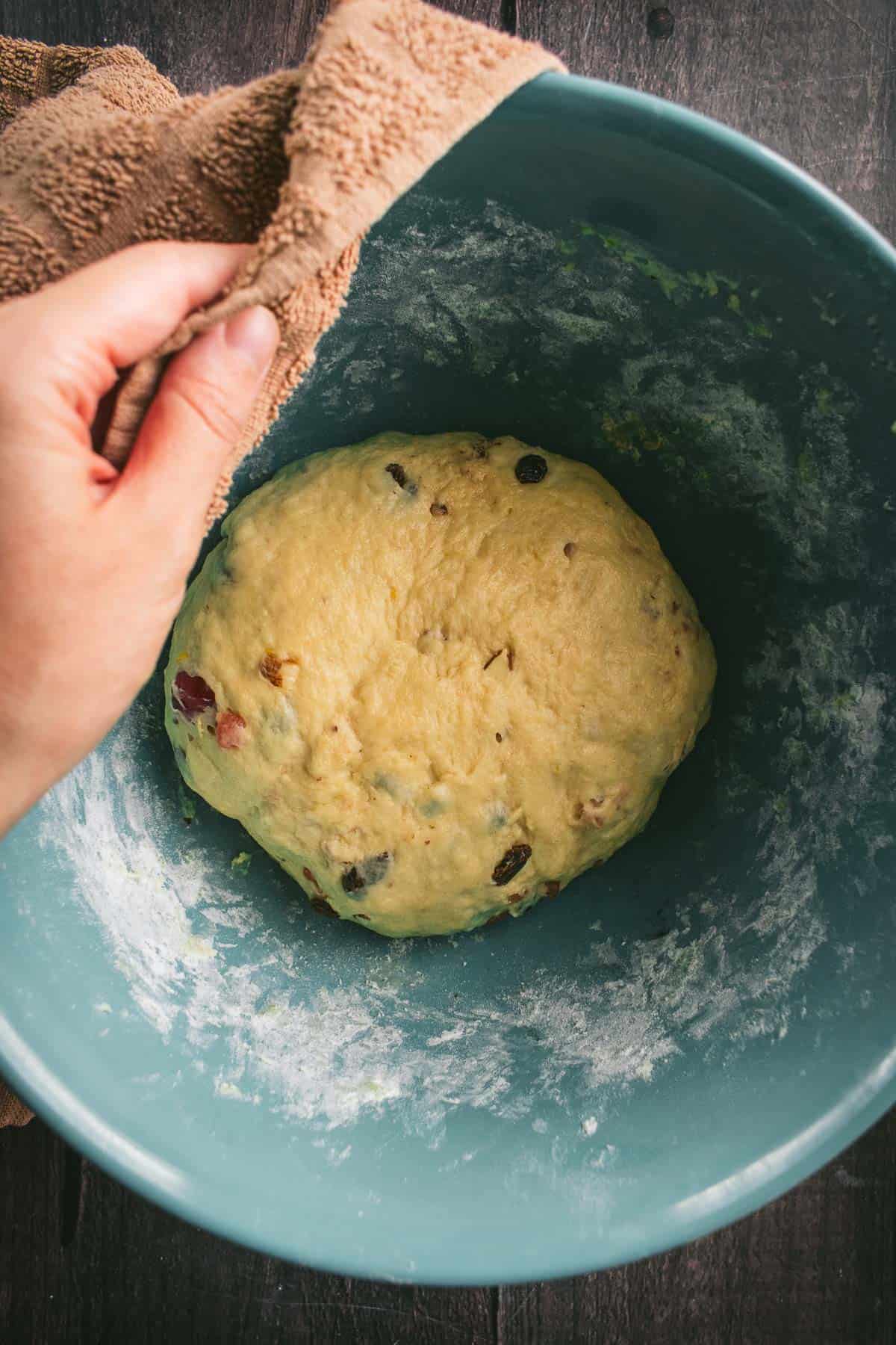 A ball of dough rising in a large mixing bowl.