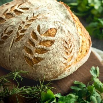 A loaf of crusty bread score with leaf sprigs.