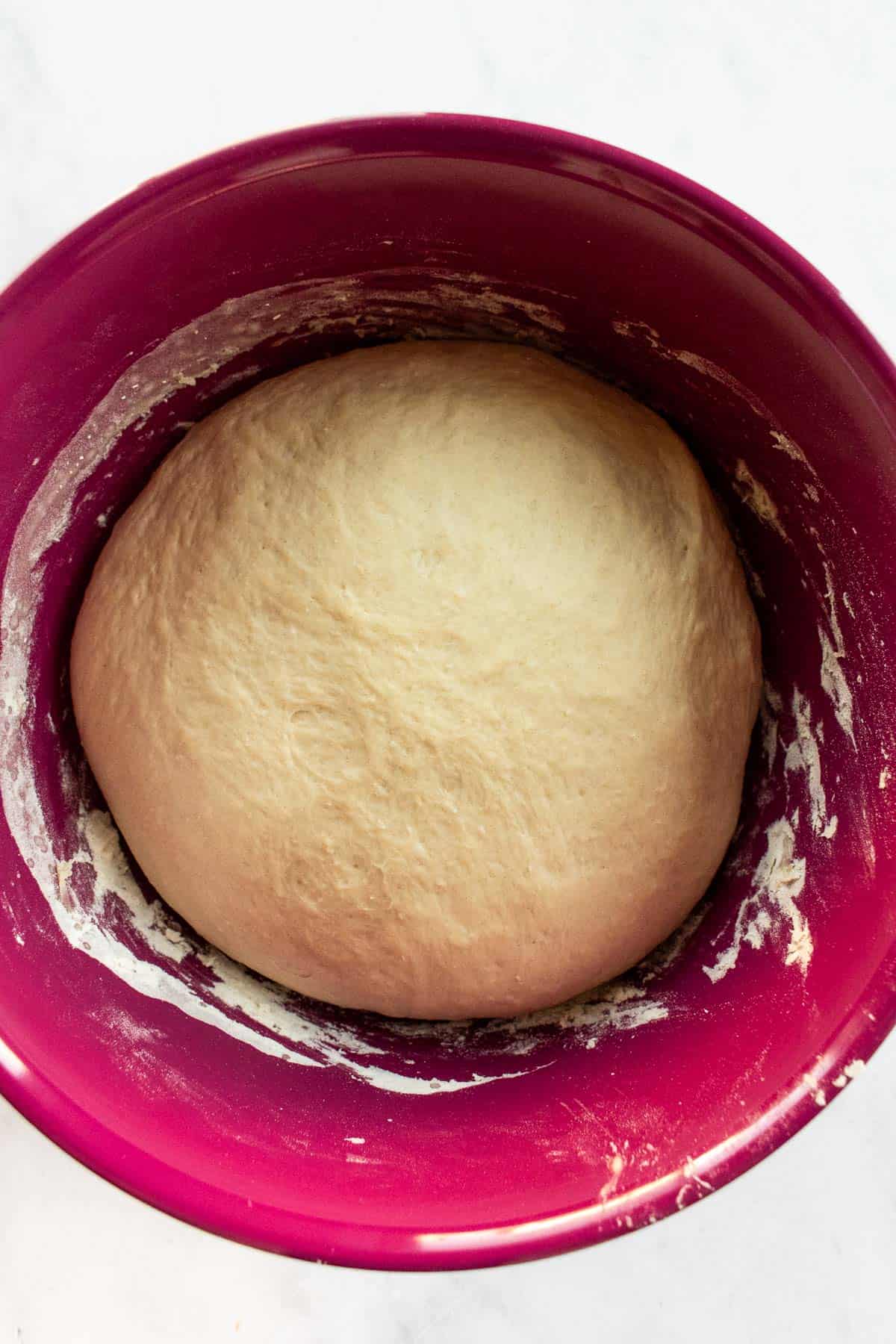 Risen bread dough in a mixing bowl.