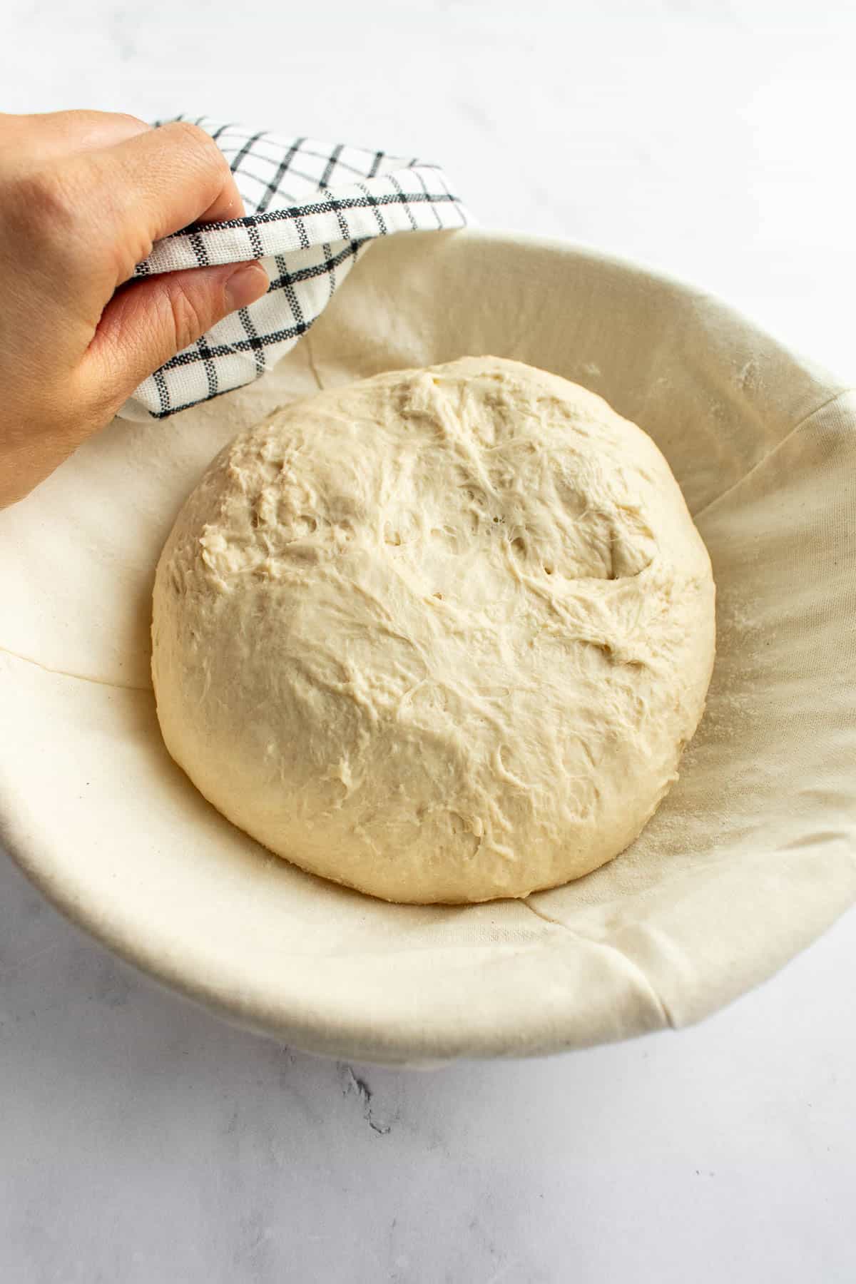 A ball of white bread dough in a round proofing basket with a hand partially coving it with a towel.