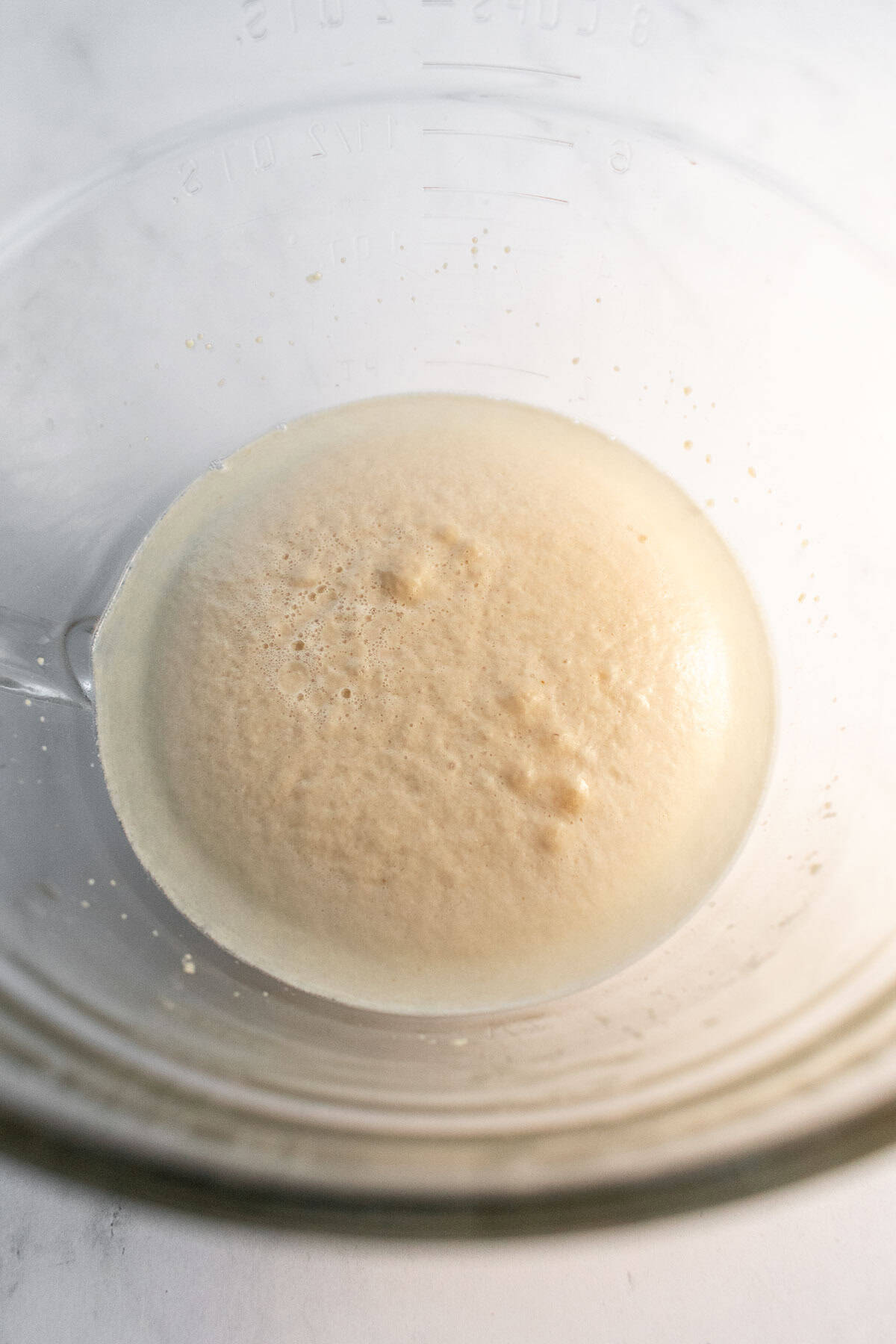 Frothy, foamy yeast, water, and sugar in the bottom of a mixing bowl.