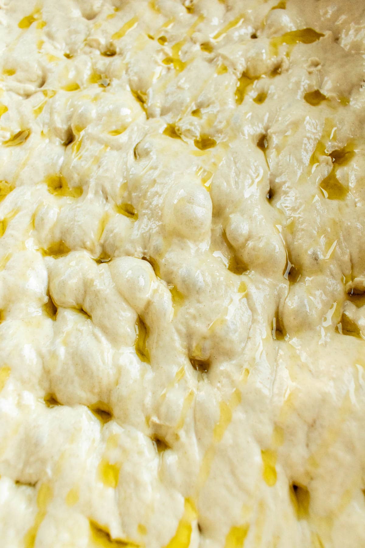Bubbly, puffed-up focaccia dough with dimples and olive oil on top of its surface.