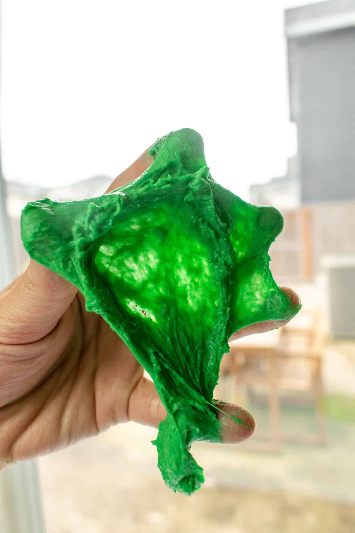 A hand holding a stretched-out piece of green bread dough against a window to show light passing through it.