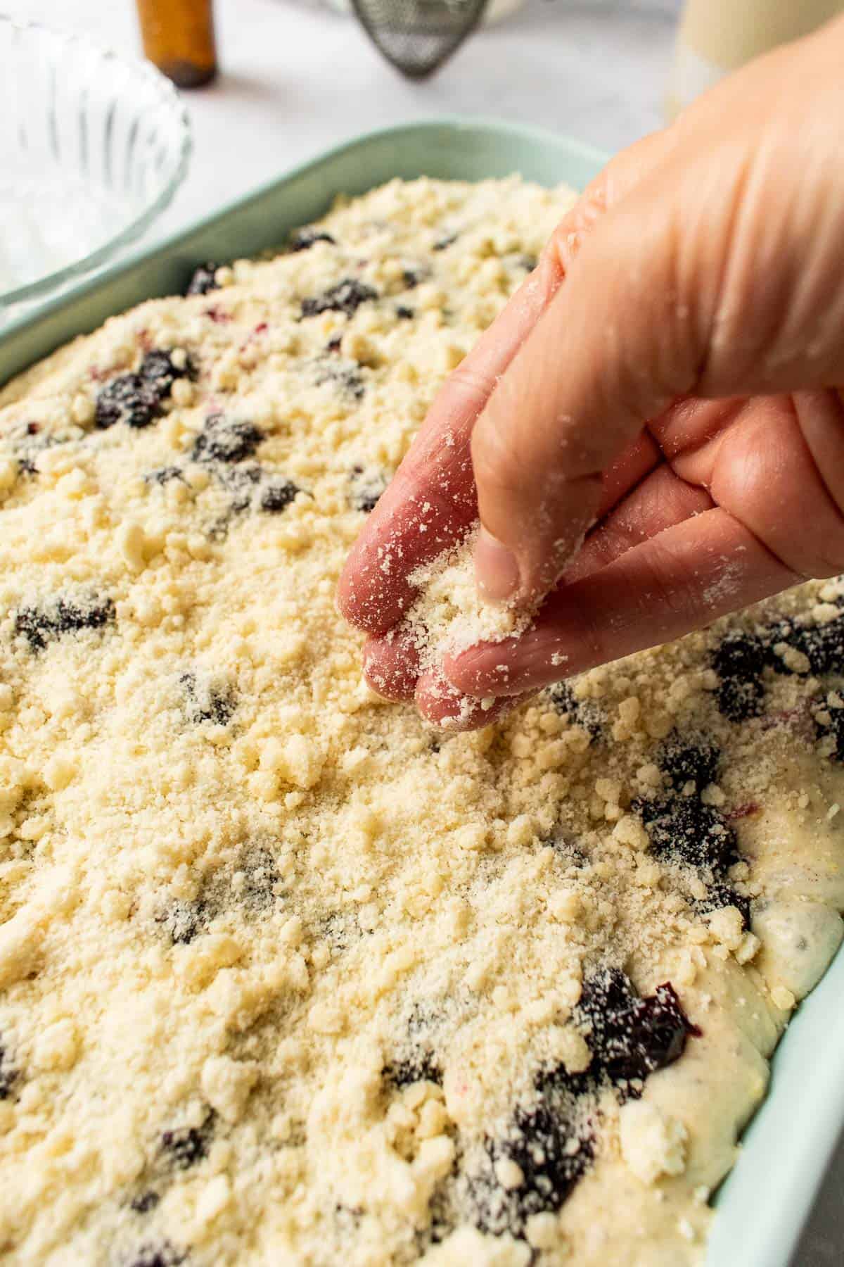 A hand sprinkling streusel onto bread dough in a baking dish topped with cooked blueberries.