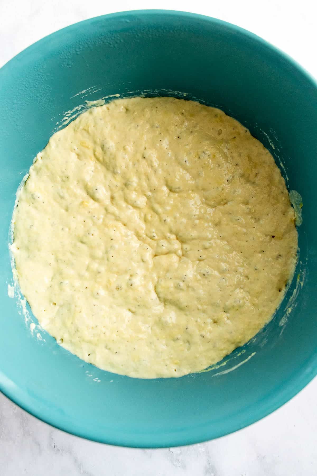 A large mixing bowl filled with bubbly, risen bread dough.