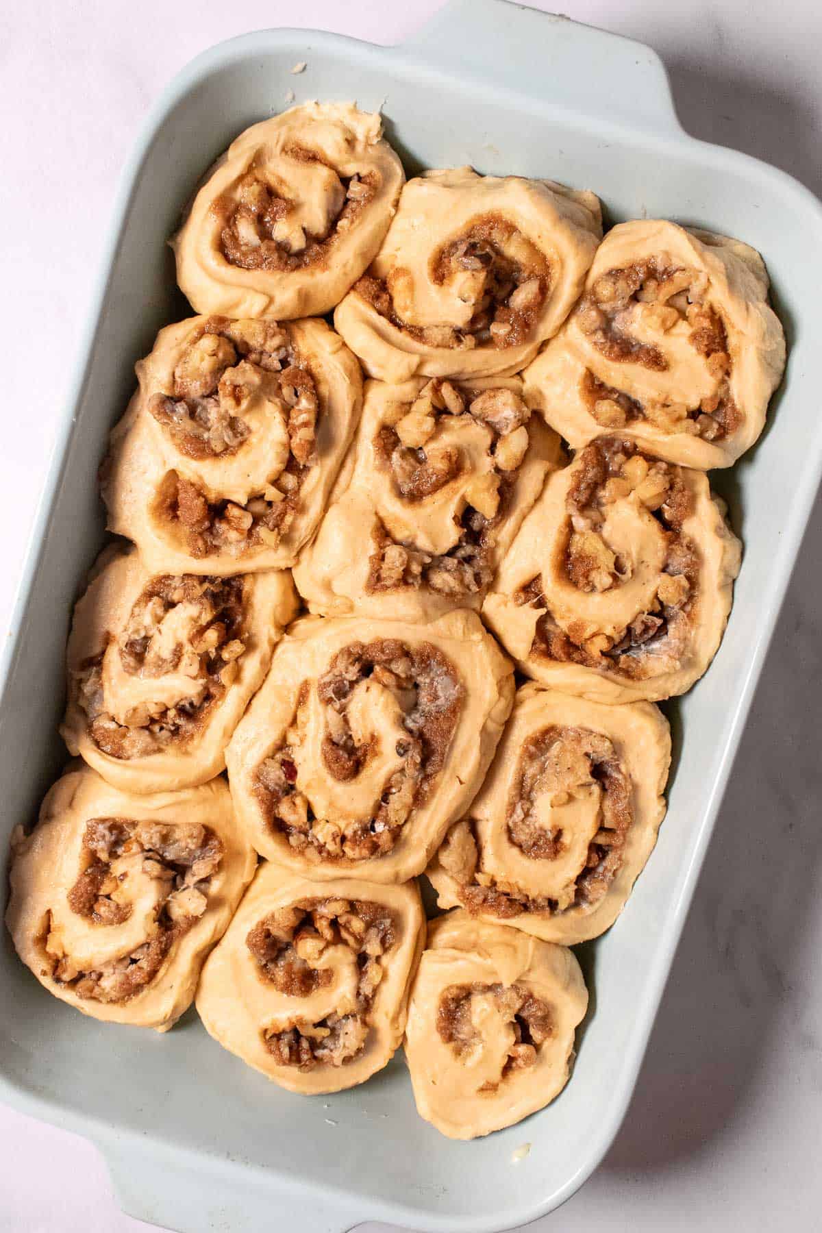 Twelve unbaked cinnamon rolls arranged in a large baking dish.