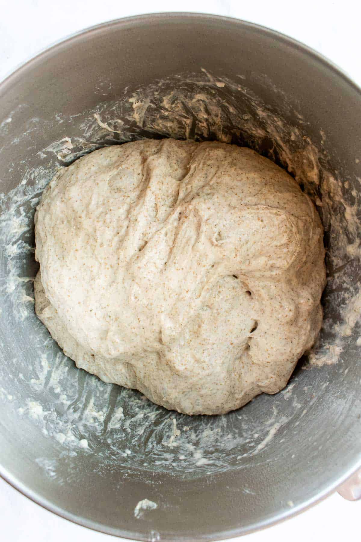 A large ball of rye and white flour bread dough in a large metal bowl.