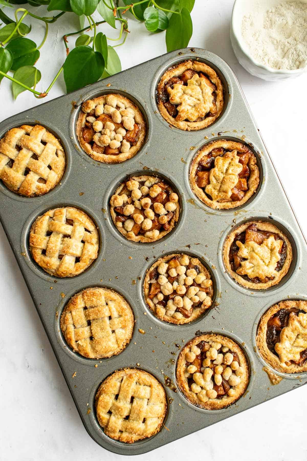 Twelve baked mini apple pies in a muffin tin on a table next to a leafy plant.