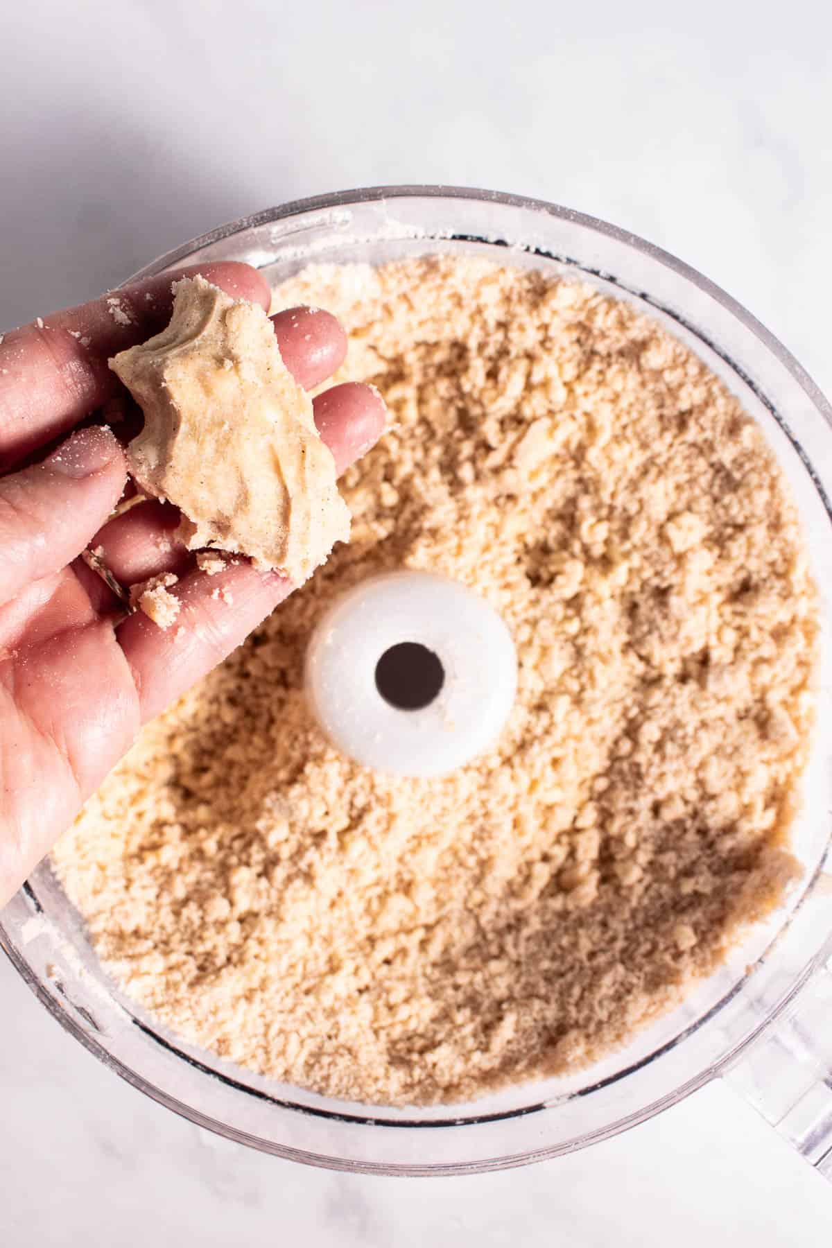A hand holding a small piece of pie crust over the rest of the mixture in a food processor.