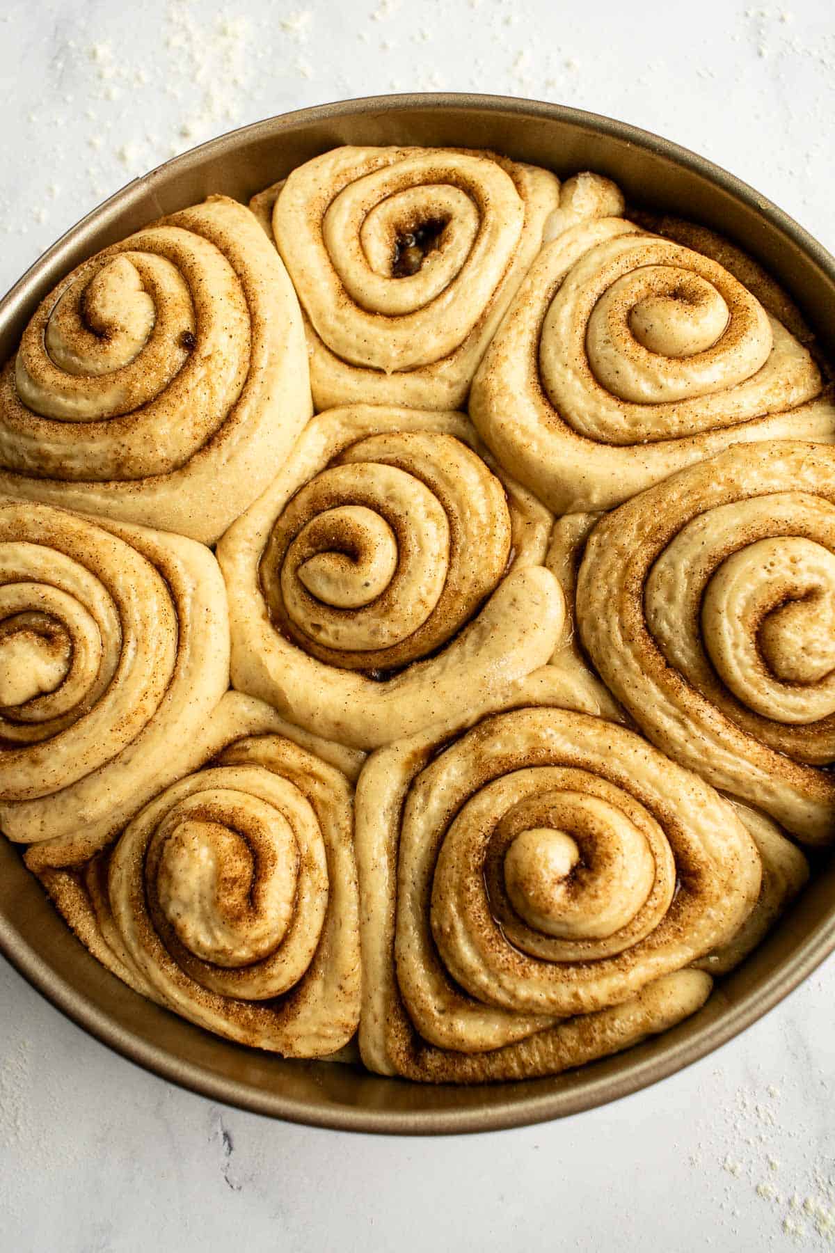 Eight puffy unbaked cinnamon rolls in a round baking pan.