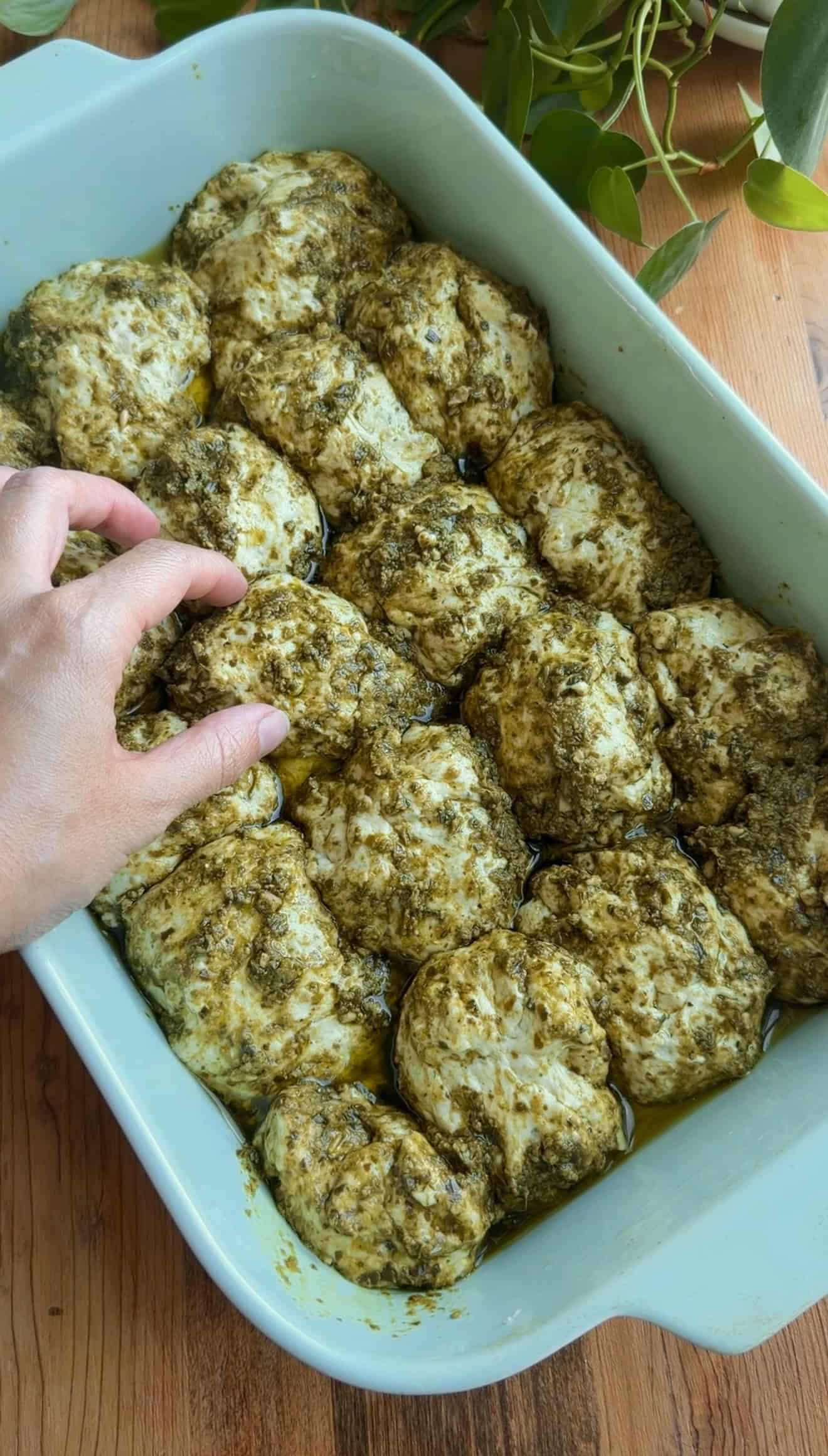 A hand placing a ball of basil-coated focaccia dough in a blue baking dish.