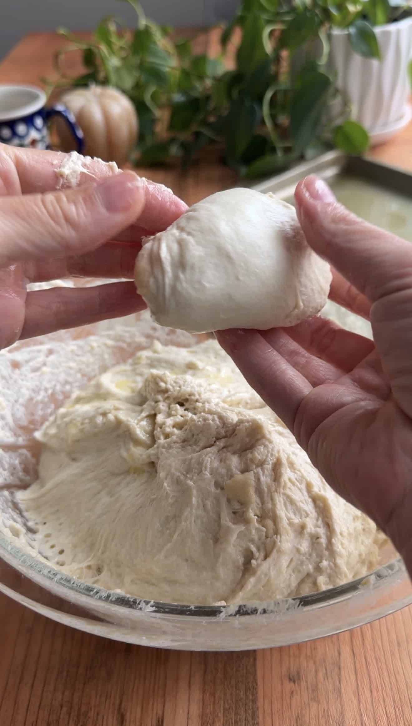 Two hands shaping focaccia dough into a ball near the mixing bowl with the rest of the bread dough.
